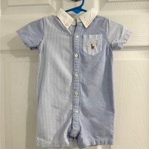 Ralph Lauren Light Blue & White Striped Chambray Baby Polo Romper